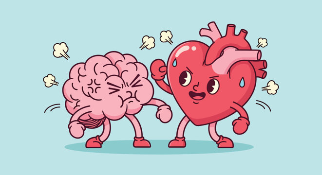 Brain vs Heart Cartoon Illustration.