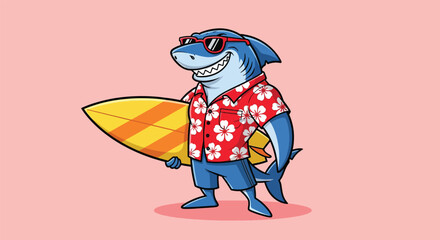 Obraz premium Cool Shark Surfer with Sunglasses and Hawaiian Shirt.