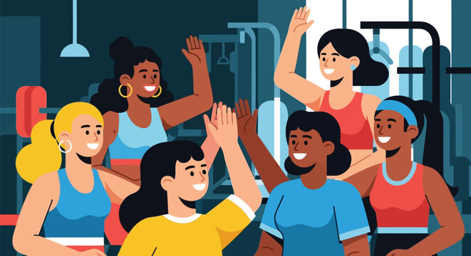 Happy diverse women giving high five during gym fitness workout training