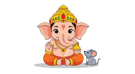 Cute Cartoon Ganesha with Mouse Illustration.