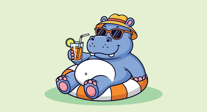 Cute cartoon hippo relaxing on a float with a drink.