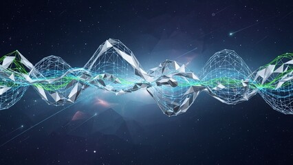 Fototapeta premium Futuristic crystal structures with glowing blue network and starry space background representing advanced technology and digital connectivity