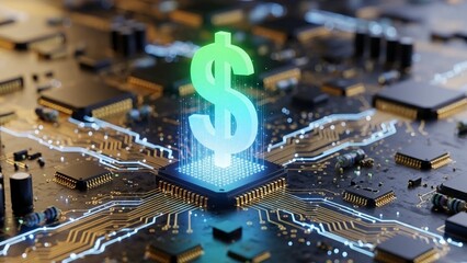Dollar sign emerging from computer chip with glowing circuits and advanced technology in the background