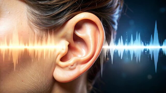 Human ear receiving audible sound waves visualized as waveforms glowing orange and blue
