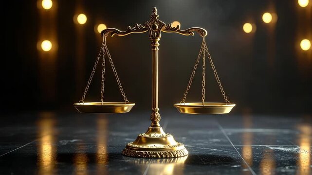 Elegant golden justice scales balanced on a dark reflective surface with soft bokeh lights