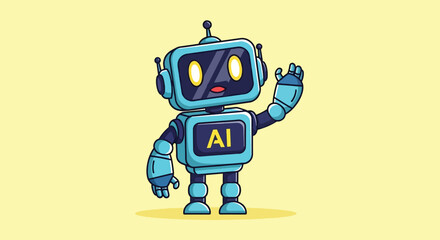 Fototapeta premium Cute Robot Waving Hello with AI Display.