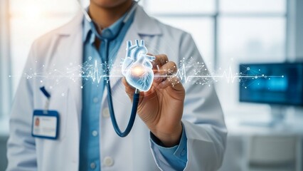Doctor in white lab coat holding digital heart hologram with stethoscope in medical office with modern technology and bright lighting