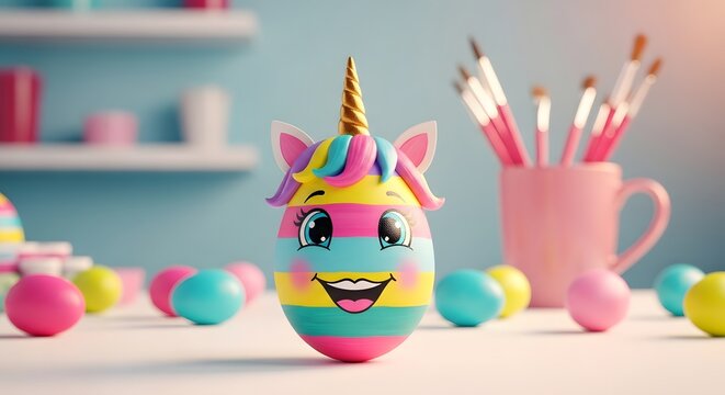 Colorful unicorn easter egg decoration with paintbrushes and eggs