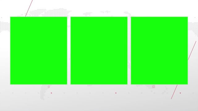 Three box split screen for news, interviews, live broadcast, tv shows, live streaming. Green chroma key cut, 4K loopable world map background with red elements, simplicity and minimalism design.