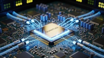 Central processing unit on circuit board with glowing blue connections and quantum label in high tech environment