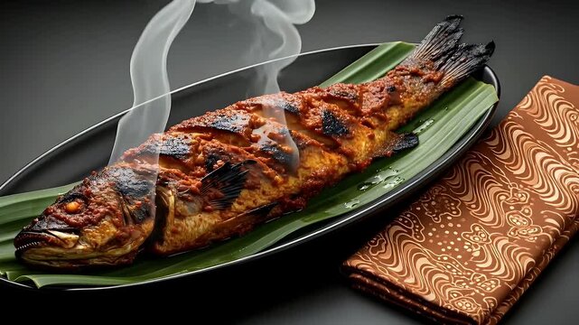 Delicious grilled whole fish, seasoned with spices, served hot on a banana leaf with steam rising, next to a patterned cloth.