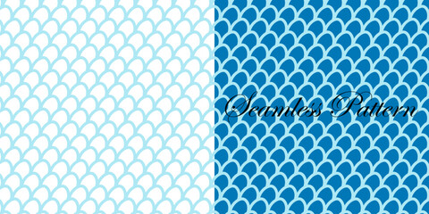 Scalloped fish scale seamless patterns in two shades of blue and white design isolated on transparent background, Vector