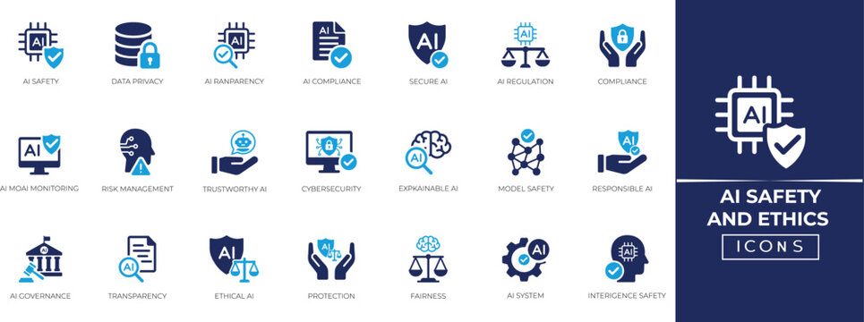 AI safety ethics solid icons. algorithmic bias, fairness, transparency, data privacy, AI governance, compliance, justice symbols. Responsible AI technology design elements.