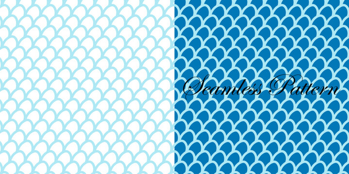 Scalloped fish scale seamless patterns in two shades of blue and white design isolated on transparent background, Vector