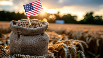 A field, a sack of grain, and an American flag as symbols of agriculture in the USA