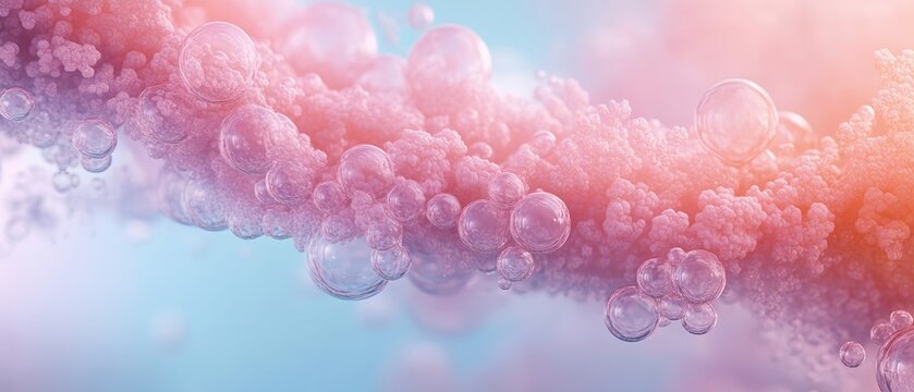 Microscopic spheres and textured particles suspended in a soft gradient of blue and pink, suggesting nanotechnology and cellular structures.