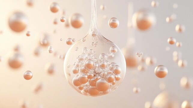 Tiny spheres suspended in a liquid with a gradient background, representing microscopic structures and scientific advancement.