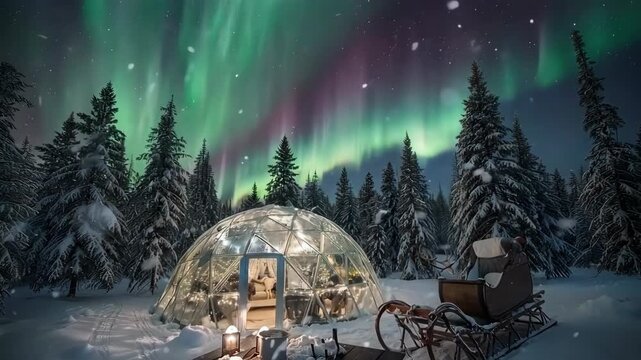 Couple in Igloo under Northern Lights.