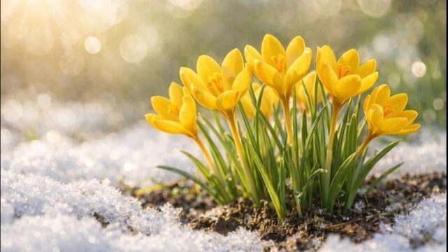 First yellow crocus flowers buds opens slowly in melting snow under bright sunlight.


