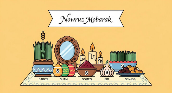 Traditional nowruz celebration setup with symbolic items on a decorative tablecloth festive arrangement