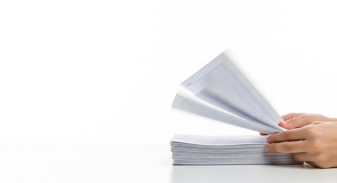Hands flipping pages of a thick stack of blank lined paper on a
