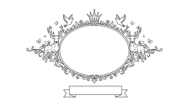 Ornate black and white heraldic frame with two deer, doves, and a crown, perfect for a royal or wedding invitation.