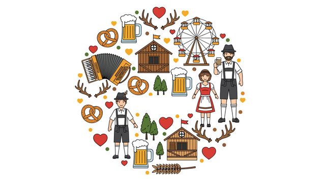 Circular collection of colorful line art icons representing the German Oktoberfest festival with beer, pretzels, and people.