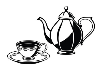 Black and white illustration of a teapot and teacup on a saucer, simple vector art.