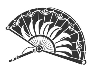 Black and White Japanese Fan with Floral Pattern and Leaf Design