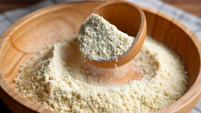 Simple beauty of natural flour in wooden bowl with scoop, an essential and ethical ingredient for healthy baking and part of wholesome food preparation movement