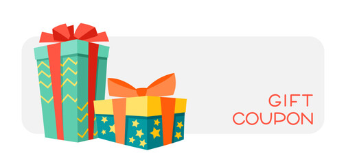 Gift card or coupon. Colorful presents gift boxes for celebration, discounts or promotions.