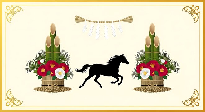 Japanese New Year Card Vector Illustration with Horse Silhouette and Kadomatsu