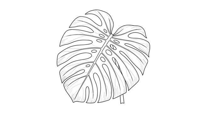 Highly detailed black and white line art drawing of a single monstera deliciosa leaf showing intricate veins and characteristic leaf holes.
