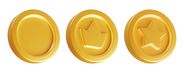 3D gold coins with crown, star. Symbol of royalty, money and WIP. Medal coin, game token for interfaces or applications, casino winnings, treasure rewards. 3d render isolated © Hannet