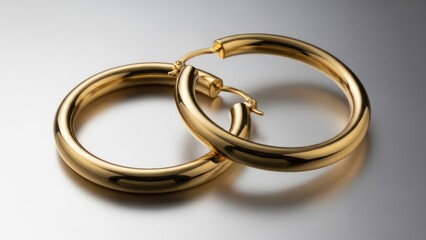 Golden hoop earrings isolated on a reflective surface showcasing jewelry details and design