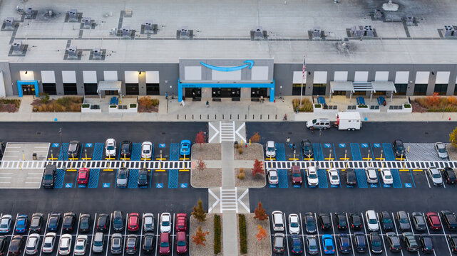 Amazon fulfillment center with busy employee parking lot