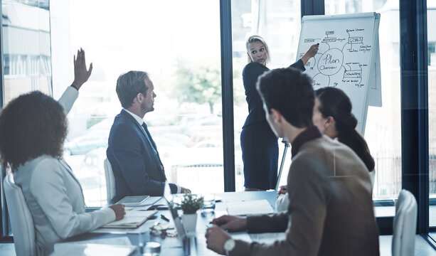 Businesswoman, presentation and people in office with question, plan and training for company branding. Corporate, team and workshop in boardroom with talk, learning or expertise for advertising faq.