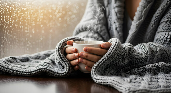 Hands wrapped in a gray cable knit sweater holding a steaming wh
