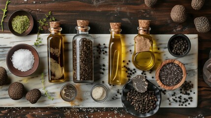 Oregon Truffle Festival:gourmet truffle products, truffle oil bottles, truffle salt jars, fresh truffles on marble surface, rustic wooden background, top-down view