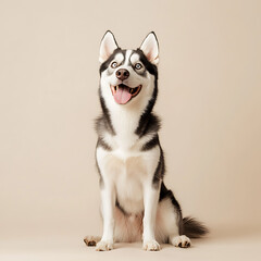 A cute Siberian Husky sitting on a clean, solid light beige background, looking up at the camera with a happy expression, high-quality, studio lighting, plenty of negative space for text