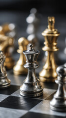 Fototapeta premium Strategic game of chess featuring metallic queen piece standing strong on checkered board represents challenge competition and intellectual victory business leadership success concept background
