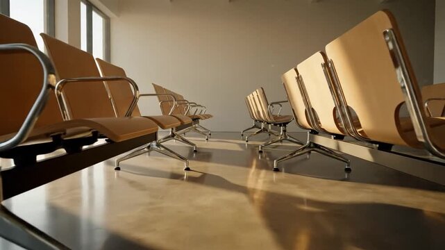 Cinematic interior view of a contemporary waiting room featuring rows of modern chairs arranged in neat parallel lines within a spacious lobby hall area captured in elegant slow motion.
