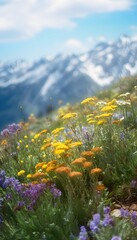 Fototapeta premium Vibrant alpine wildflowers bloom on a hillside bathed in springtime’s gentle mountain light