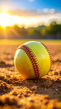 Close-up of a bright yellow softball with red stitching resting on a dusty baseball field at sunset