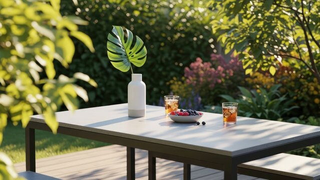Outdoor dining table setting with monstera leaf vase drinks and berries in natural light