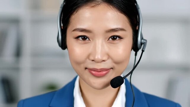 Smiling Asian woman wearing a headset, facing camera