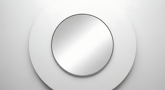 Close-up of round white mirror; centered, simple modern frame; blurred white surface reflection, light grey wall backdrop, crisp focus on form and edge; 4K, HD