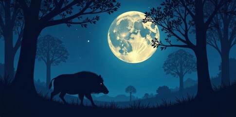 Silhouetted wild boar foraging under moonlit forest canopy , hunting, predator, woods