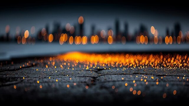 A captivating abstract scene featuring dazzling bokeh lights scattered across a textured surface. in the background, a blurred city skyline creates a mysterious and enchanting atmosphere, enhancing th