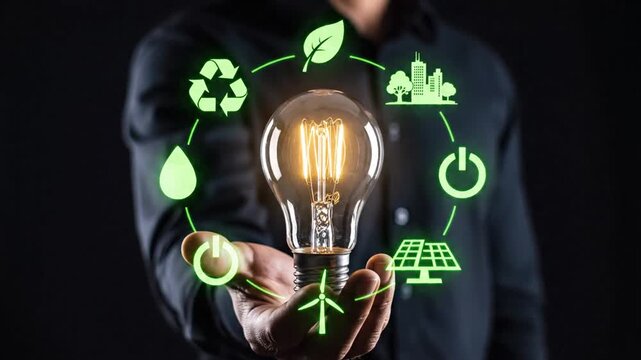 A person holding a glowing light bulb surrounded by green eco-friendly symbols in a dark environment from a close-up viewpoint